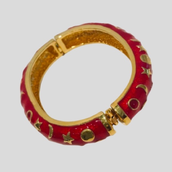 “Kenneth Jay Lane” red enamel with gold stars, moons bangles bracelet cuff - Picture 2 of 8